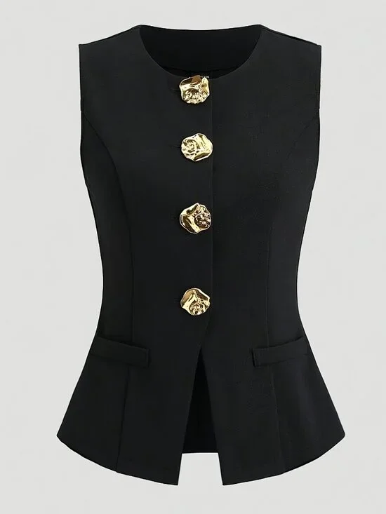 Black French Style Sleeveless Blazer Vest – Gold Button Elegant Top - Picture 1 of 4
